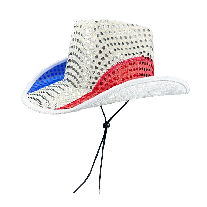 American Flag Independence Day Red White Blue Cowboy Hat Independence Day Sequins Cowboy Hat Spliced Color Bow-tie Cowboy Hat display picture 1