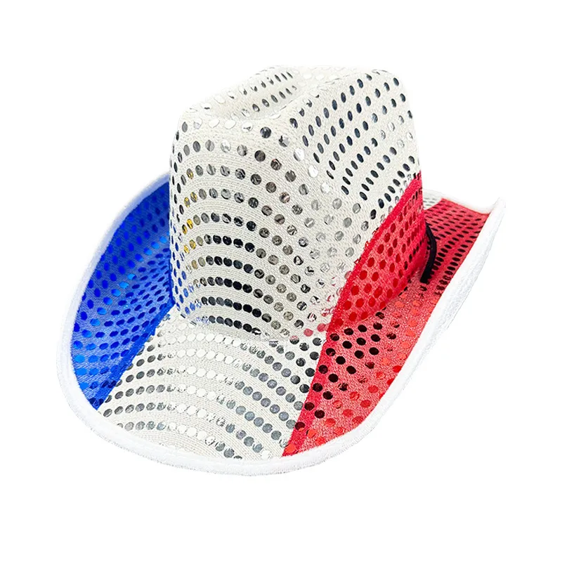 American Flag Independence Day Red White Blue Cowboy Hat Independence Day Sequins Cowboy Hat Spliced Color Bow-tie Cowboy Hat display picture 3