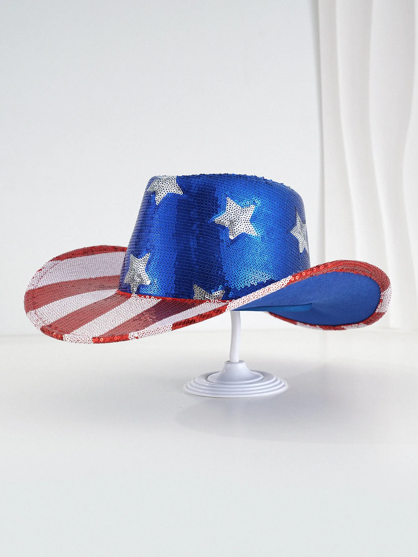 Red And White Sequins Striped Beads Five-pointed Star Cowboy Hat Independence Day National Day Denim Flag display picture 1