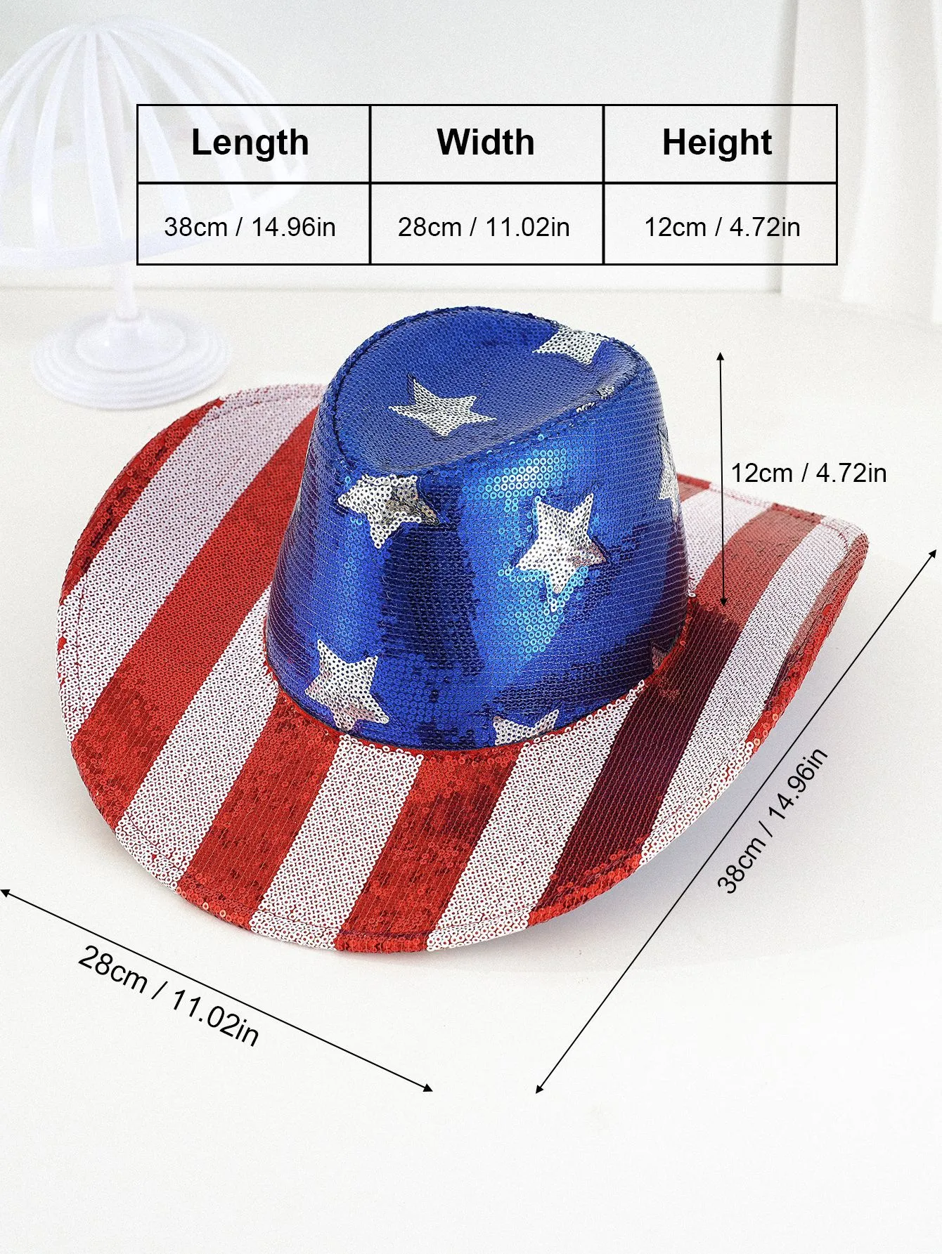 Red And White Sequins Striped Beads Five-pointed Star Cowboy Hat Independence Day National Day Denim Flag display picture 2