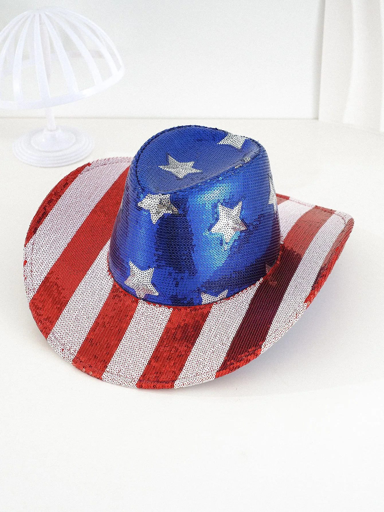 Red And White Sequins Striped Beads Five-pointed Star Cowboy Hat Independence Day National Day Denim Flag display picture 3