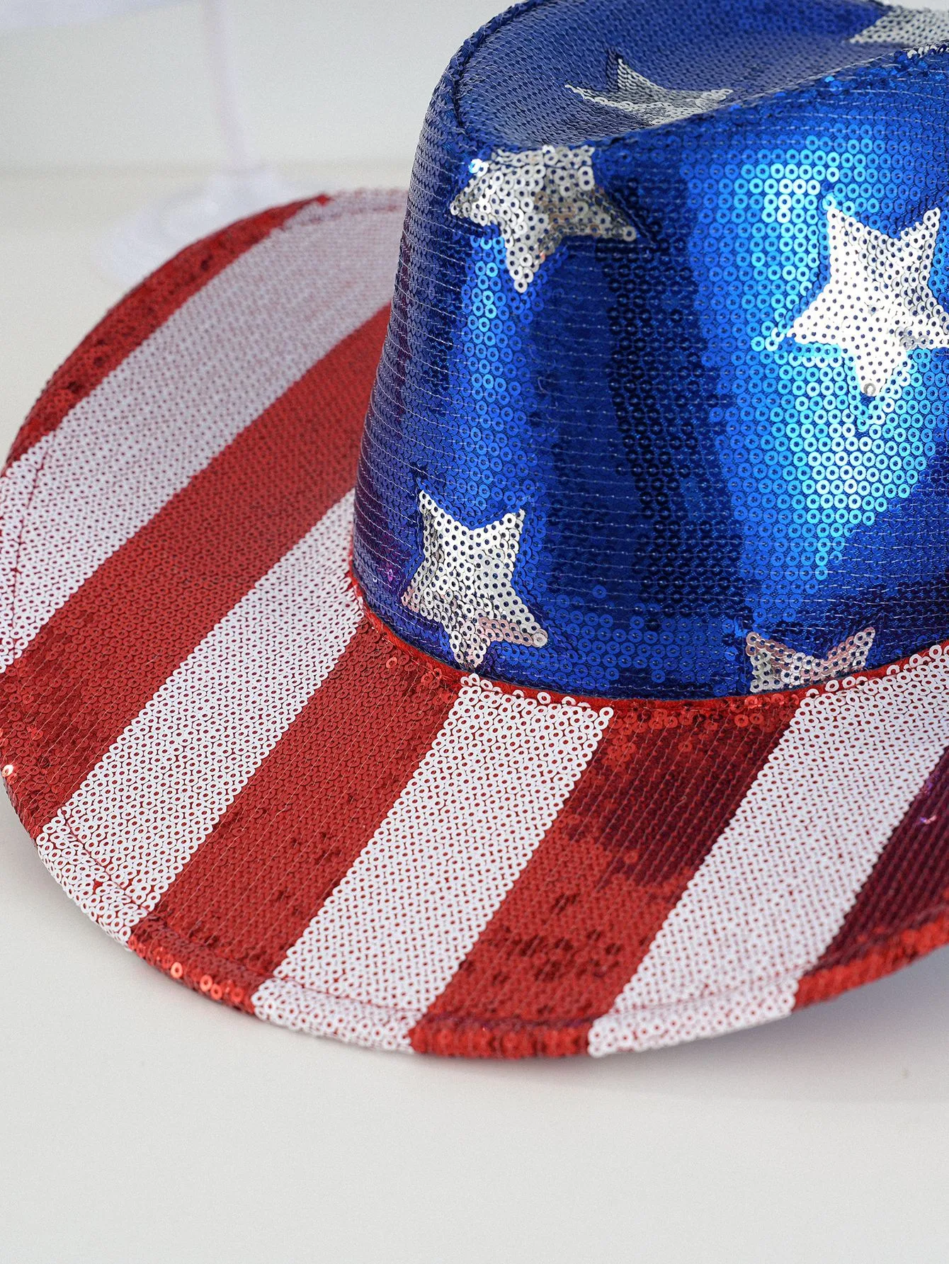 Red And White Sequins Striped Beads Five-pointed Star Cowboy Hat Independence Day National Day Denim Flag display picture 4