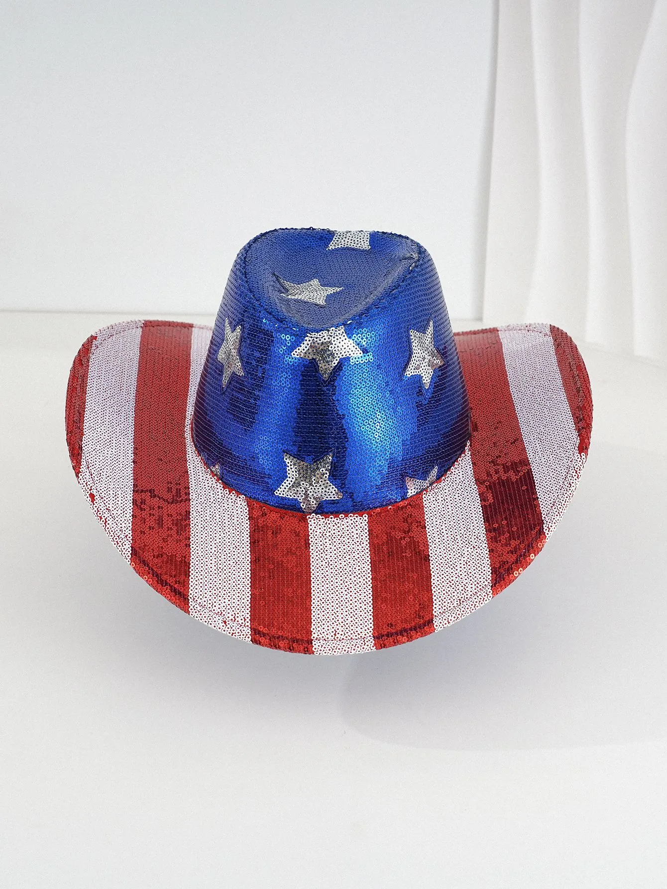Red And White Sequins Striped Beads Five-pointed Star Cowboy Hat Independence Day National Day Denim Flag display picture 5