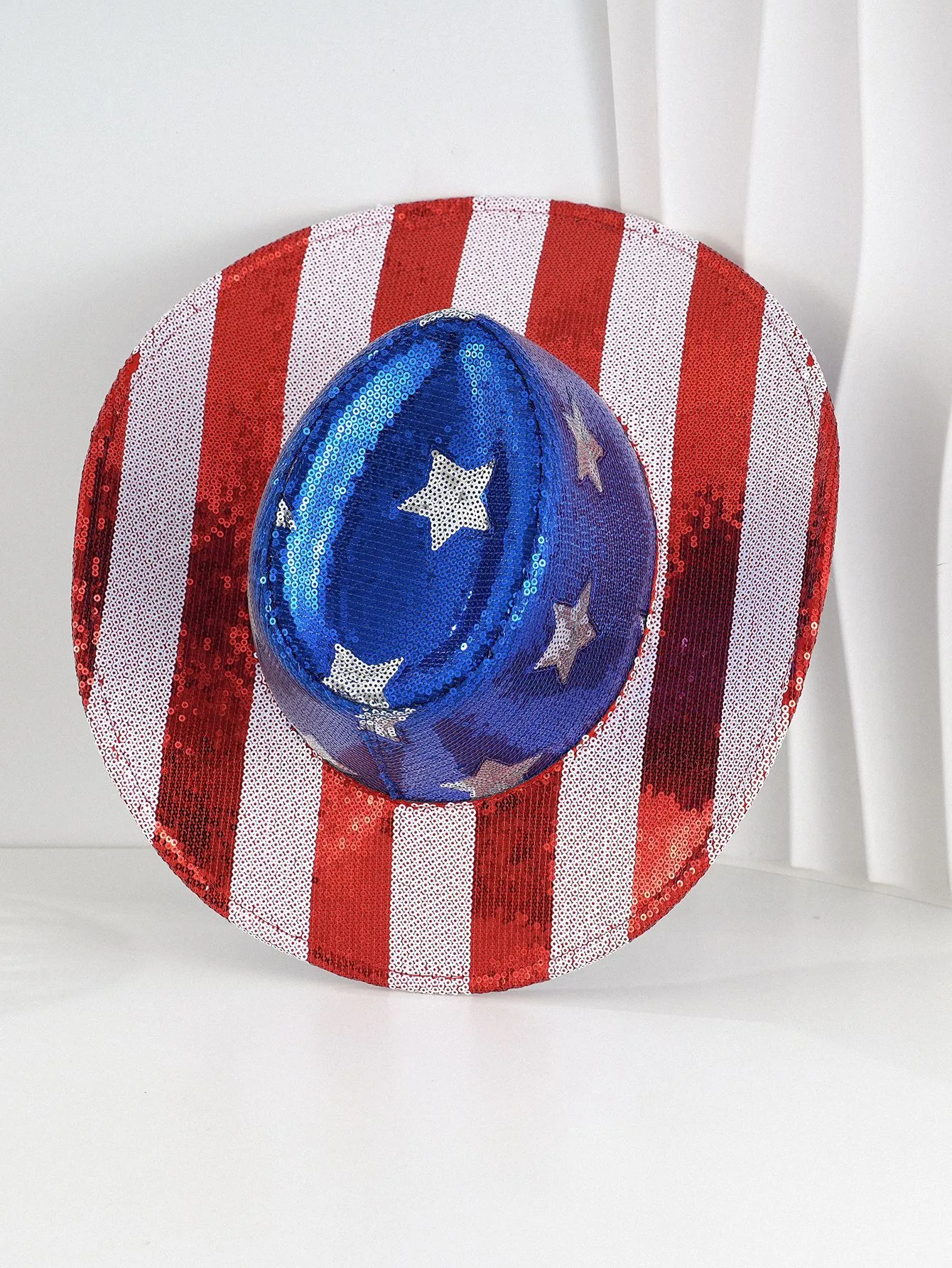 Red And White Sequins Striped Beads Five-pointed Star Cowboy Hat Independence Day National Day Denim Flag display picture 6