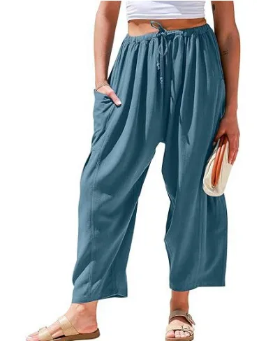 Spring And Summer  Europe And The United States Elastic Waist Pleated Waist Straight Pants Loose Casual Cotton And Linen Pants display picture 14