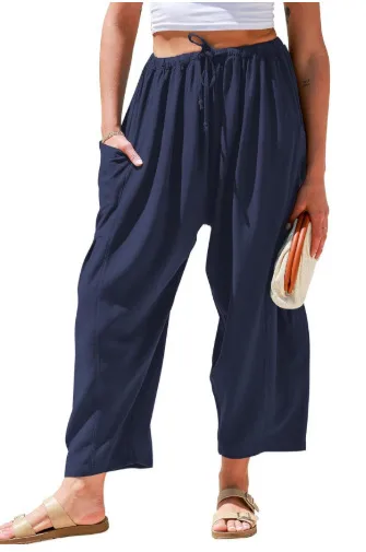 Spring And Summer  Europe And The United States Elastic Waist Pleated Waist Straight Pants Loose Casual Cotton And Linen Pants display picture 19