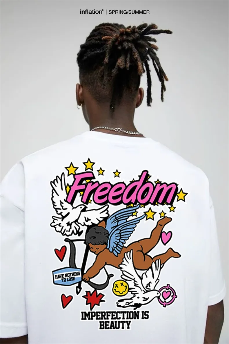 Jiezhan Men's Wear | Cupid Graffiti Printed T-shirt  Spring/Summer New American Fashion Brand Loose Crewneck Short Sleeve Men display picture 2