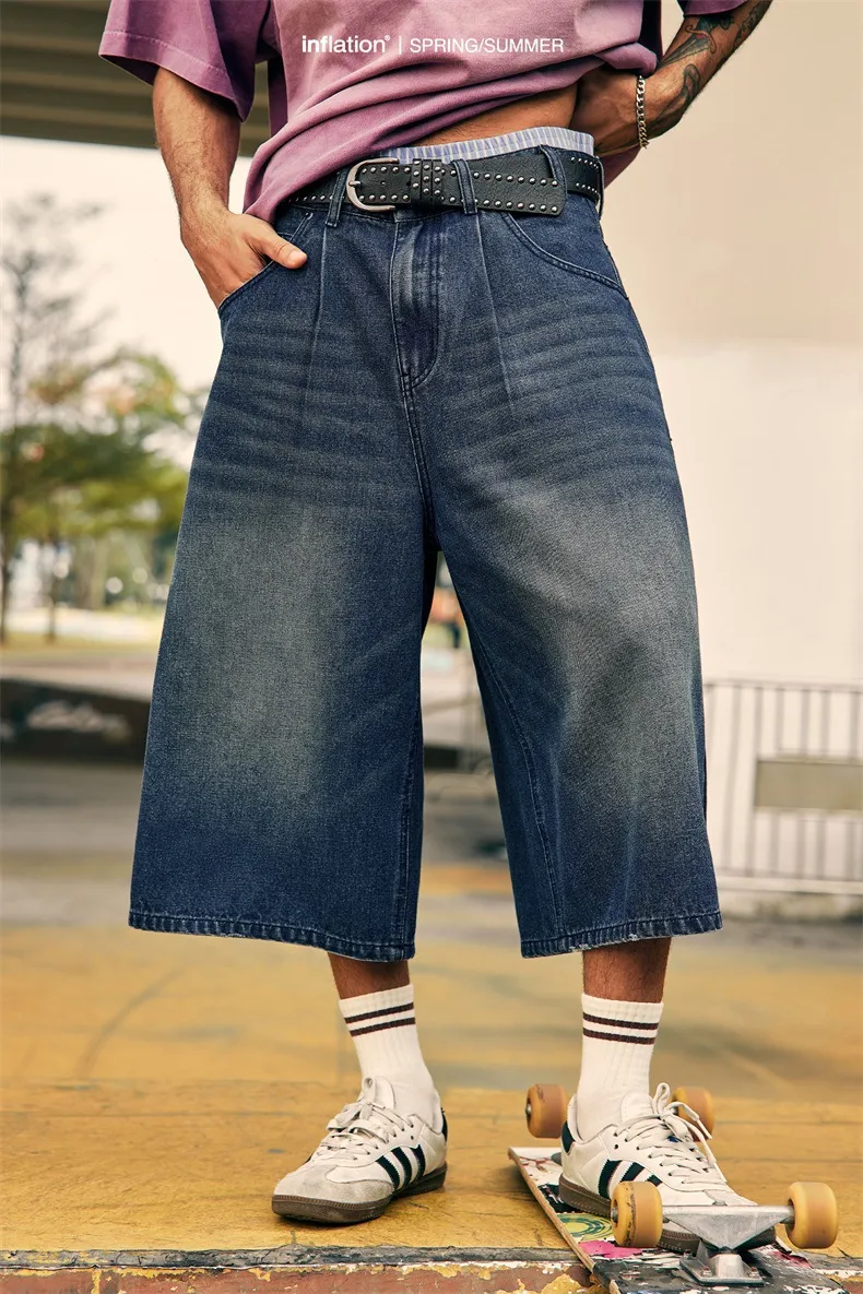 Jie Zhan Men's Wear | Fake Two-piece Seven-point Wash Jeans  Spring/Summer New American Street Casual Shorts Men display picture 2