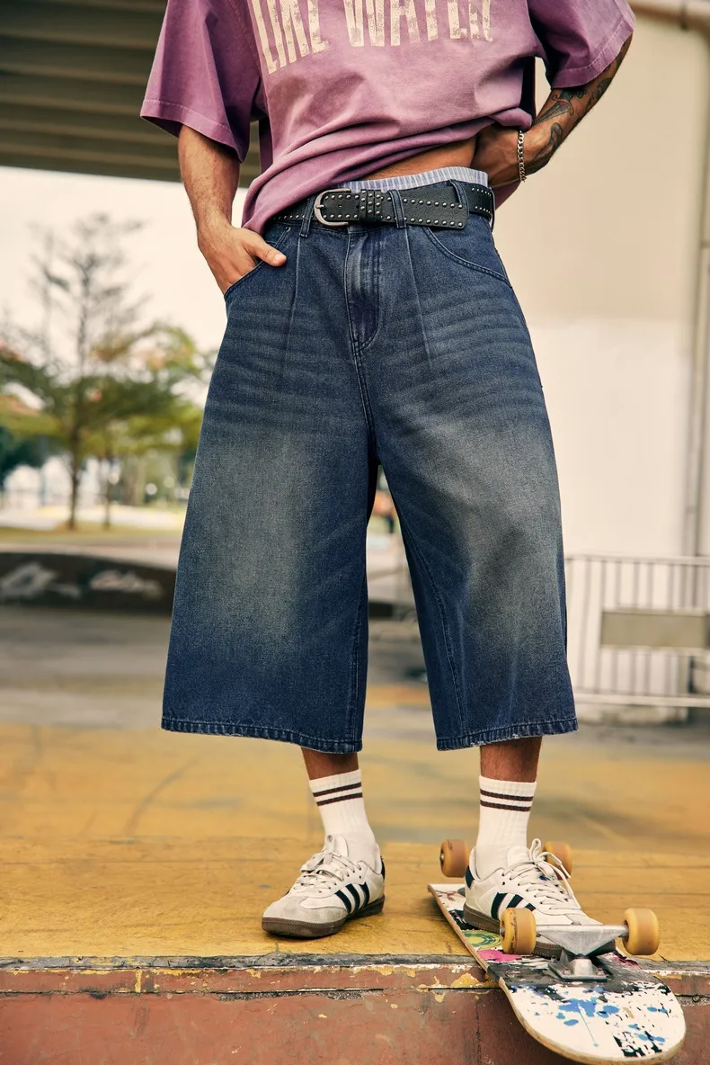 Jie Zhan Men's Wear | Fake Two-piece Seven-point Wash Jeans  Spring/Summer New American Street Casual Shorts Men display picture 6