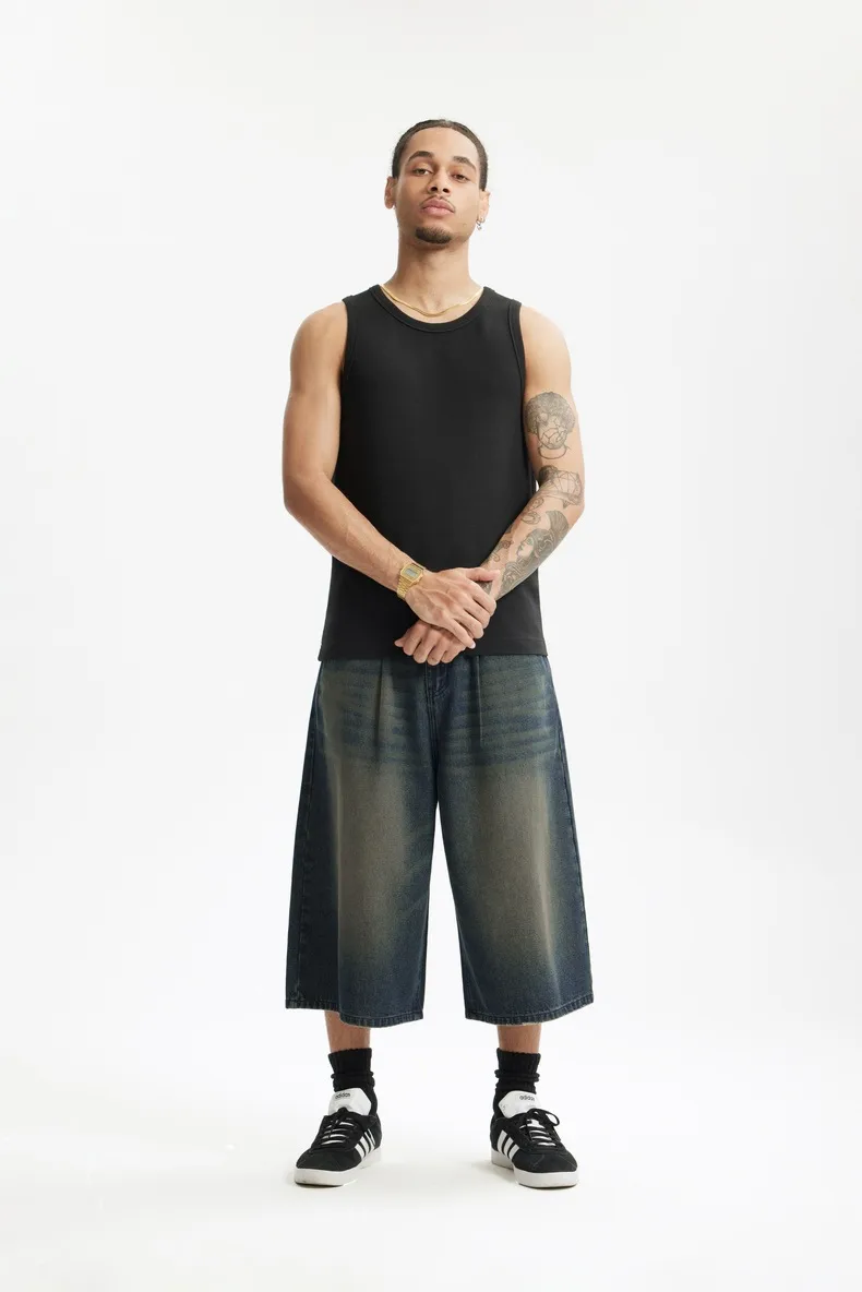 Jie Zhan Men's Wear | Fake Two-piece Seven-point Wash Jeans  Spring/Summer New American Street Casual Shorts Men display picture 11