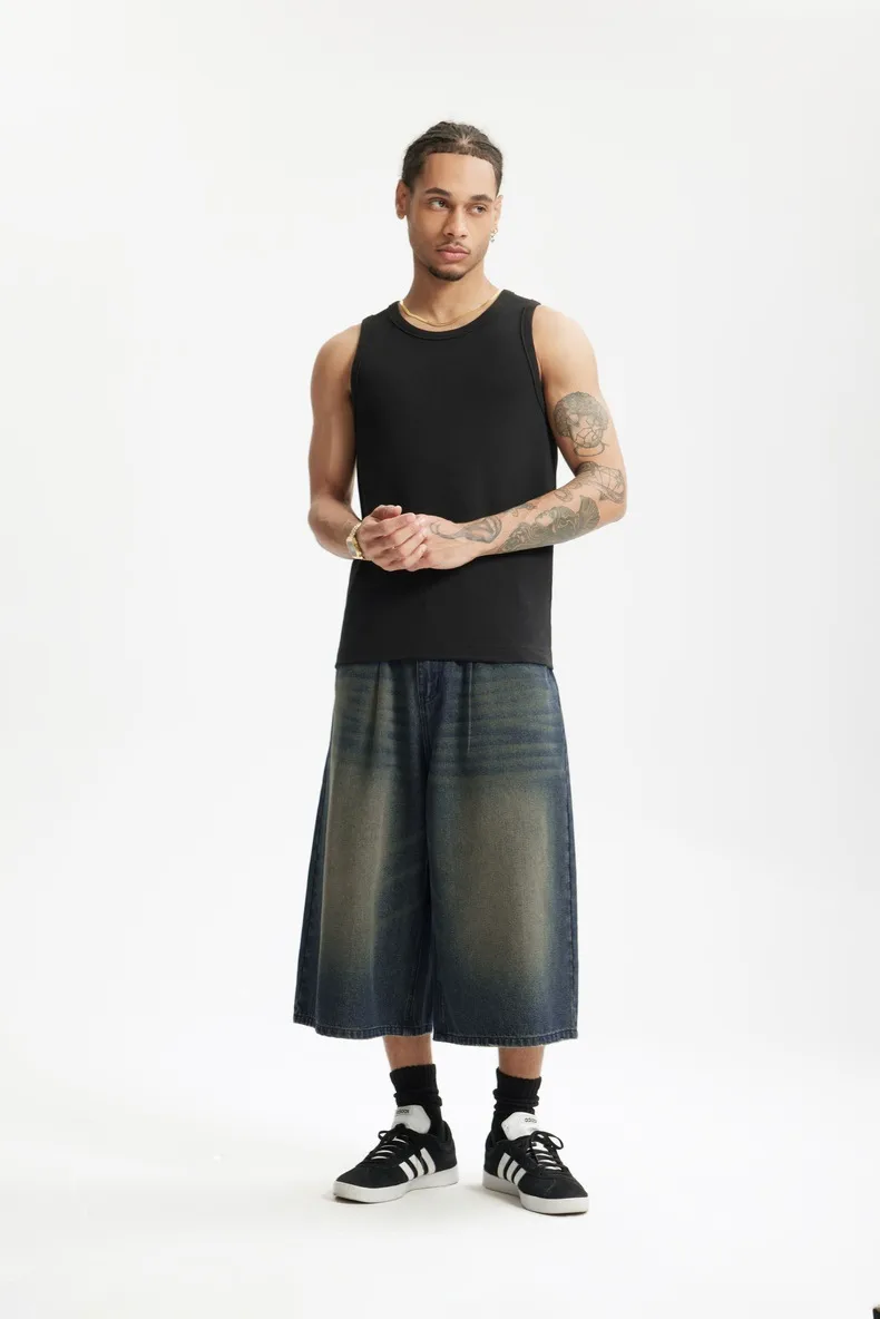 Jie Zhan Men's Wear | Fake Two-piece Seven-point Wash Jeans  Spring/Summer New American Street Casual Shorts Men display picture 12