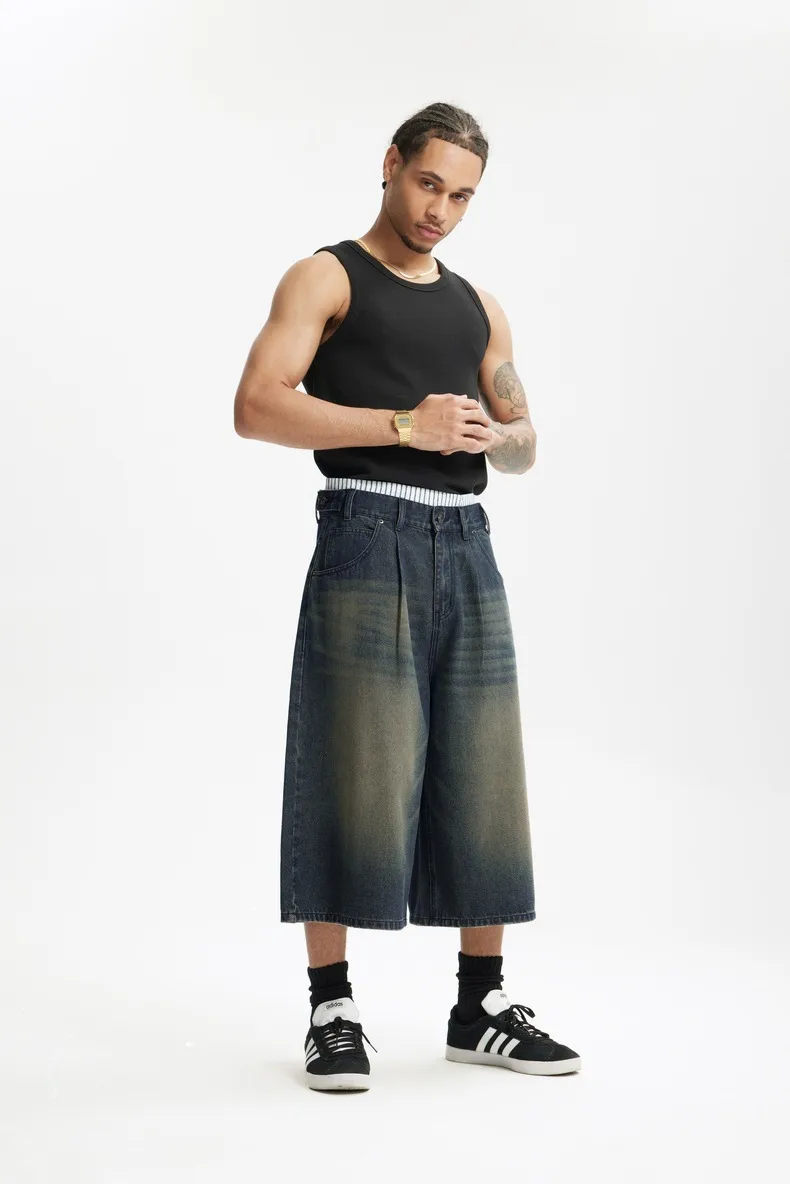 Jie Zhan Men's Wear | Fake Two-piece Seven-point Wash Jeans  Spring/Summer New American Street Casual Shorts Men display picture 13