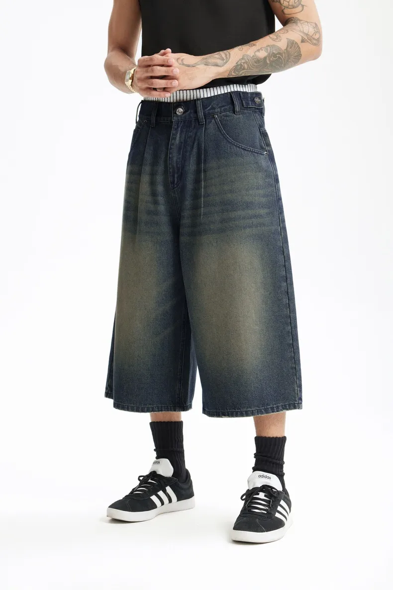 Jie Zhan Men's Wear | Fake Two-piece Seven-point Wash Jeans  Spring/Summer New American Street Casual Shorts Men display picture 16