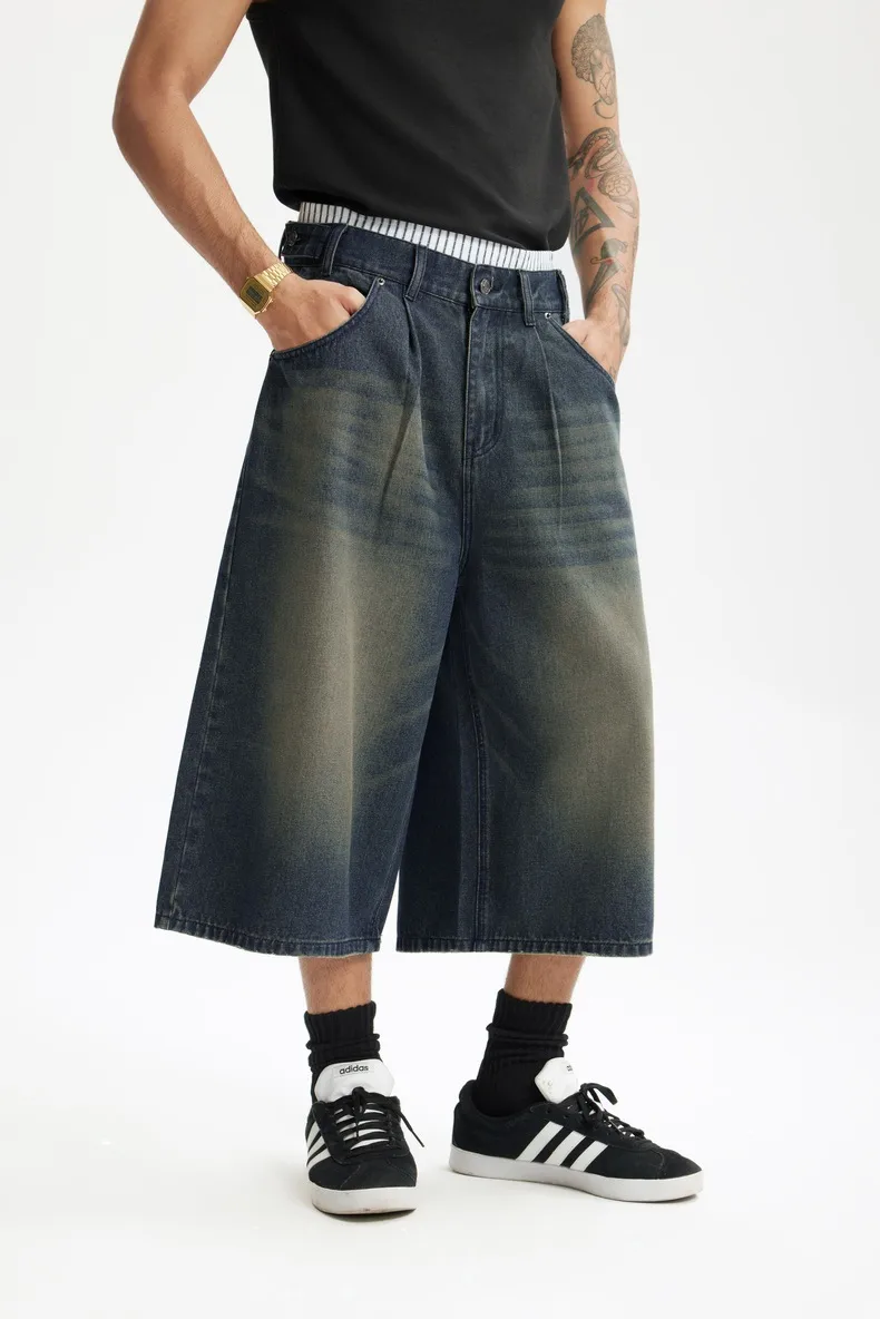 Jie Zhan Men's Wear | Fake Two-piece Seven-point Wash Jeans  Spring/Summer New American Street Casual Shorts Men display picture 17