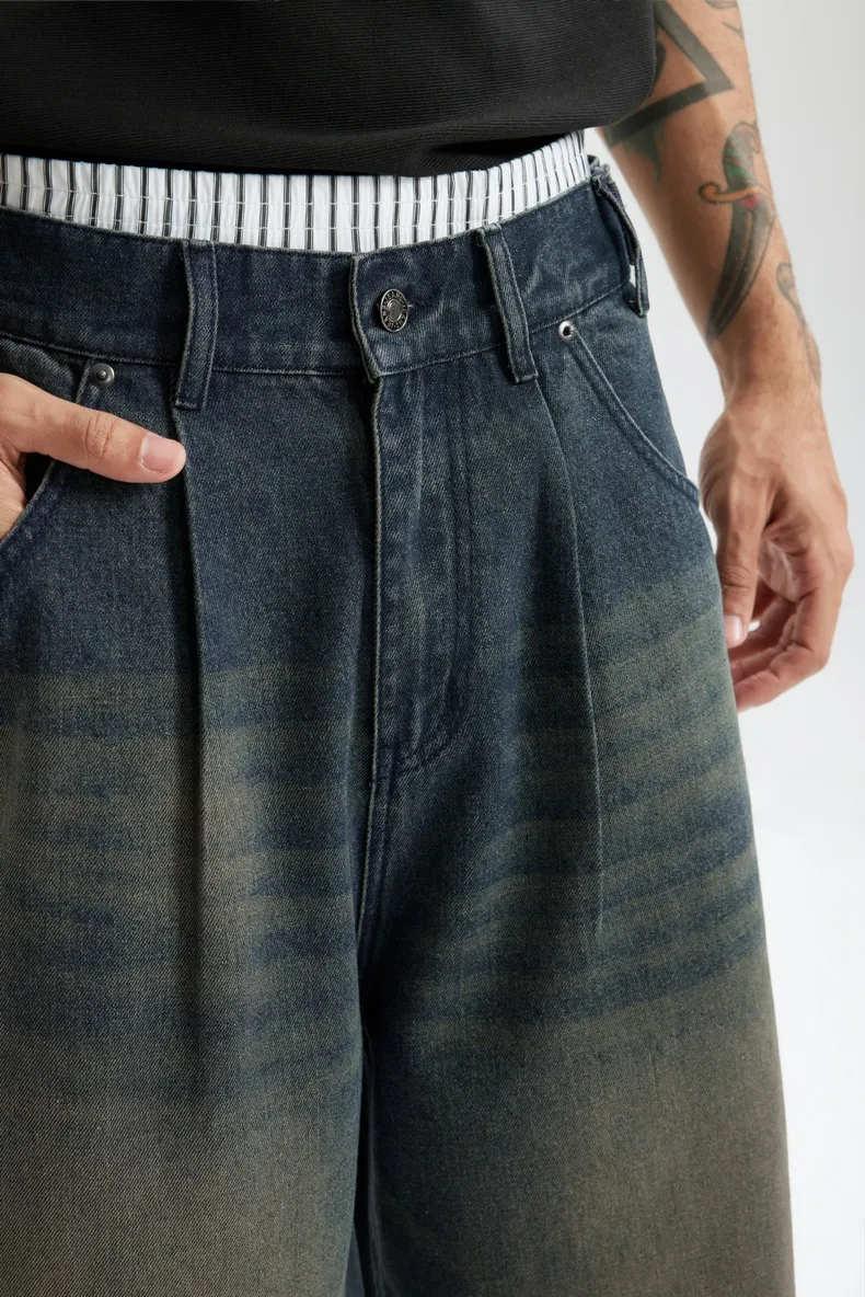 Jie Zhan Men's Wear | Fake Two-piece Seven-point Wash Jeans  Spring/Summer New American Street Casual Shorts Men display picture 18