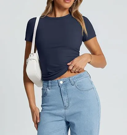 New Women's T-Shirt Slim-Fit Slimming Round Neck Tight Sexy Summer Top Women's Clothing display picture 28