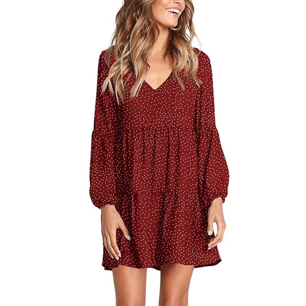 Foreign Trade New Women's Fashion V-neck Long Sleeve Wave Point Ruffled Loose Casual Temperament Dress display picture 1