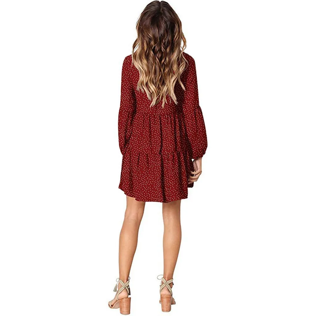 Foreign Trade New Women's Fashion V-neck Long Sleeve Wave Point Ruffled Loose Casual Temperament Dress display picture 2