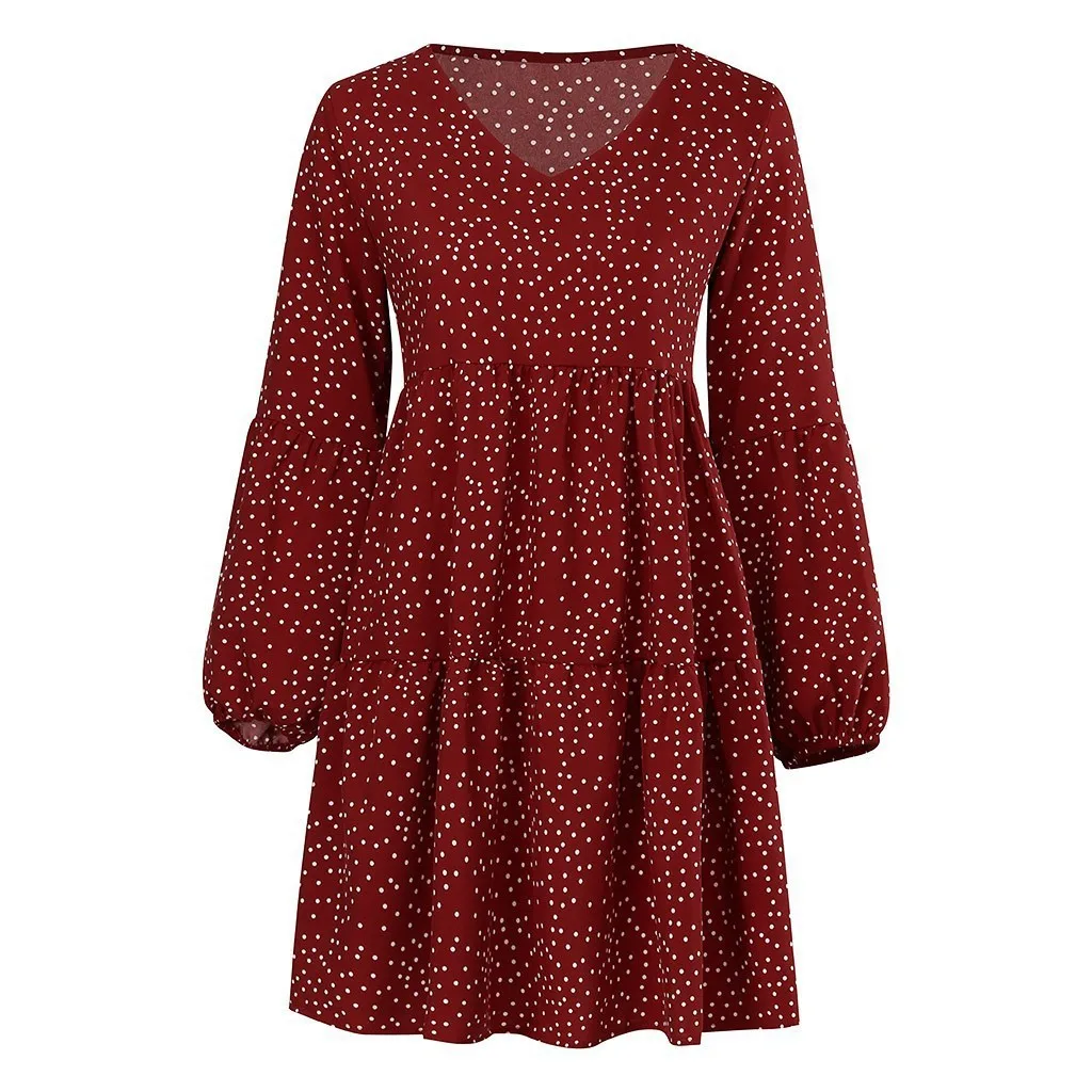 Foreign Trade New Women's Fashion V-neck Long Sleeve Wave Point Ruffled Loose Casual Temperament Dress display picture 3