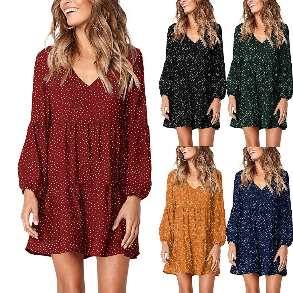 Foreign Trade New Women's Fashion V-neck Long Sleeve Wave Point Ruffled Loose Casual Temperament Dress display picture 6