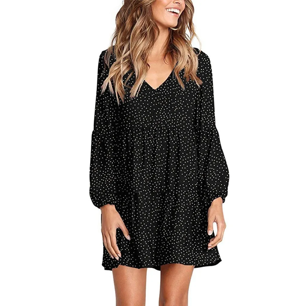 Foreign Trade New Women's Fashion V-neck Long Sleeve Wave Point Ruffled Loose Casual Temperament Dress display picture 7