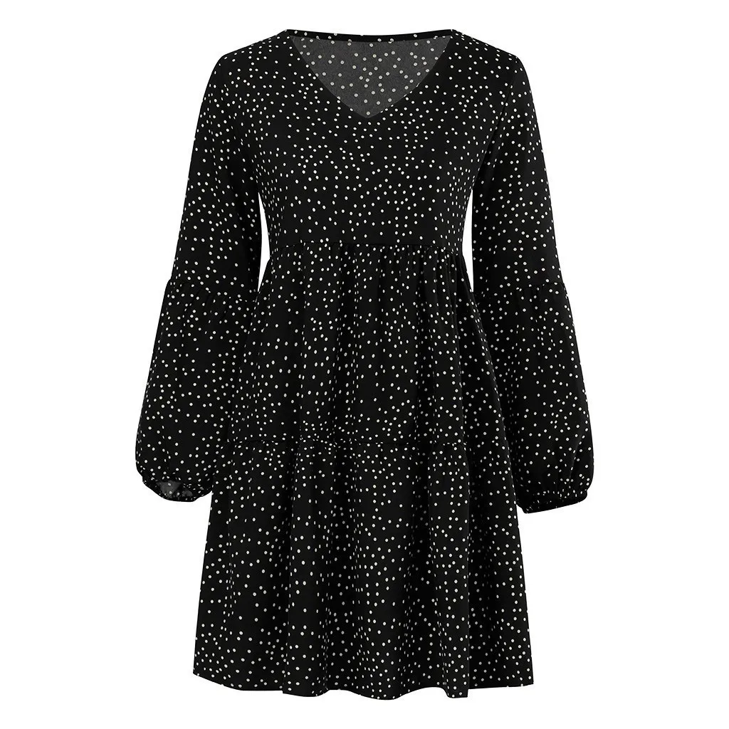 Foreign Trade New Women's Fashion V-neck Long Sleeve Wave Point Ruffled Loose Casual Temperament Dress display picture 8