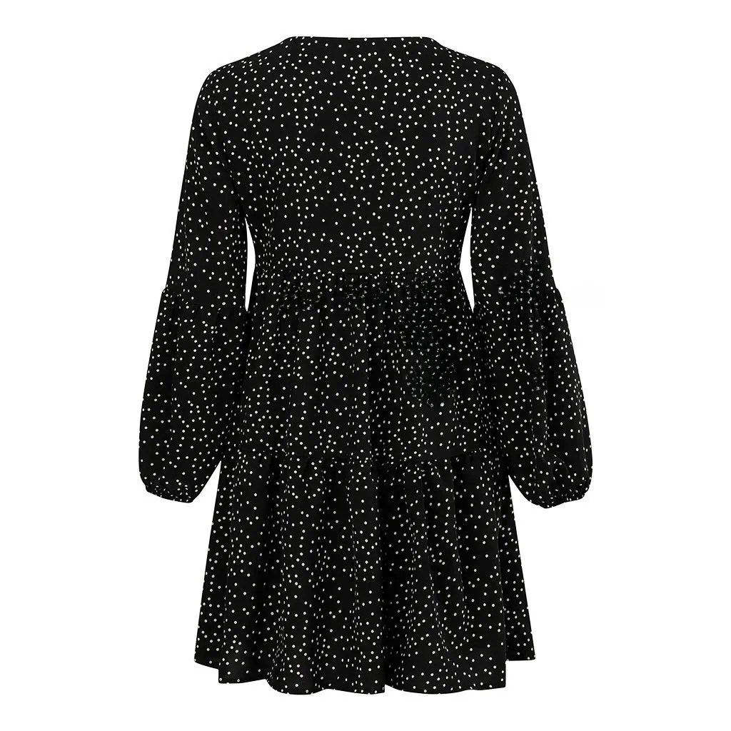 Foreign Trade New Women's Fashion V-neck Long Sleeve Wave Point Ruffled Loose Casual Temperament Dress display picture 9