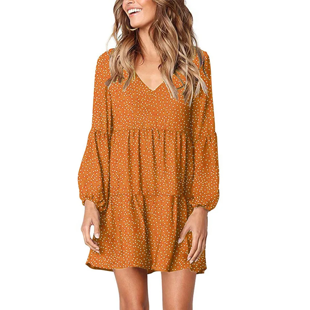 Foreign Trade New Women's Fashion V-neck Long Sleeve Wave Point Ruffled Loose Casual Temperament Dress display picture 12