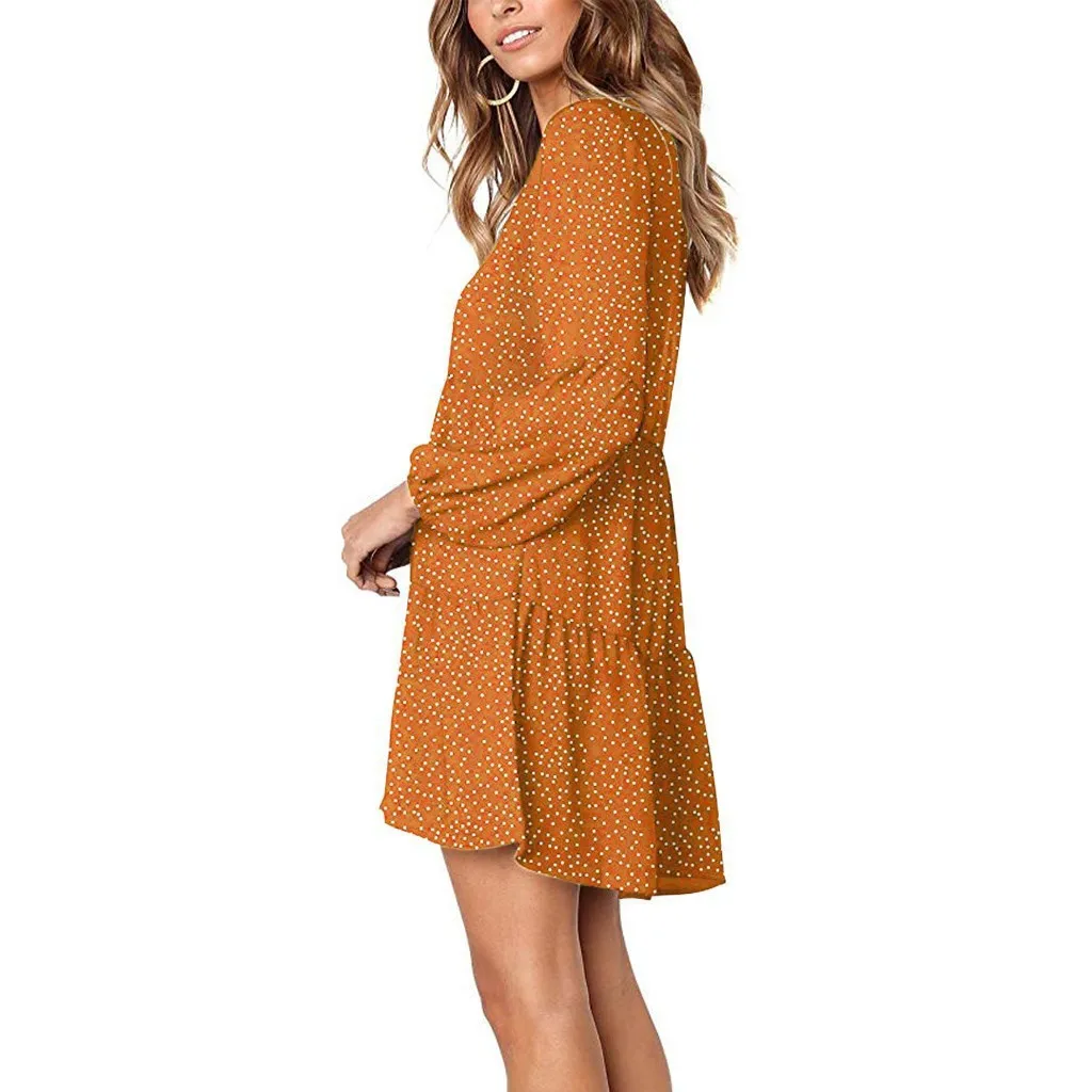 Foreign Trade New Women's Fashion V-neck Long Sleeve Wave Point Ruffled Loose Casual Temperament Dress display picture 13