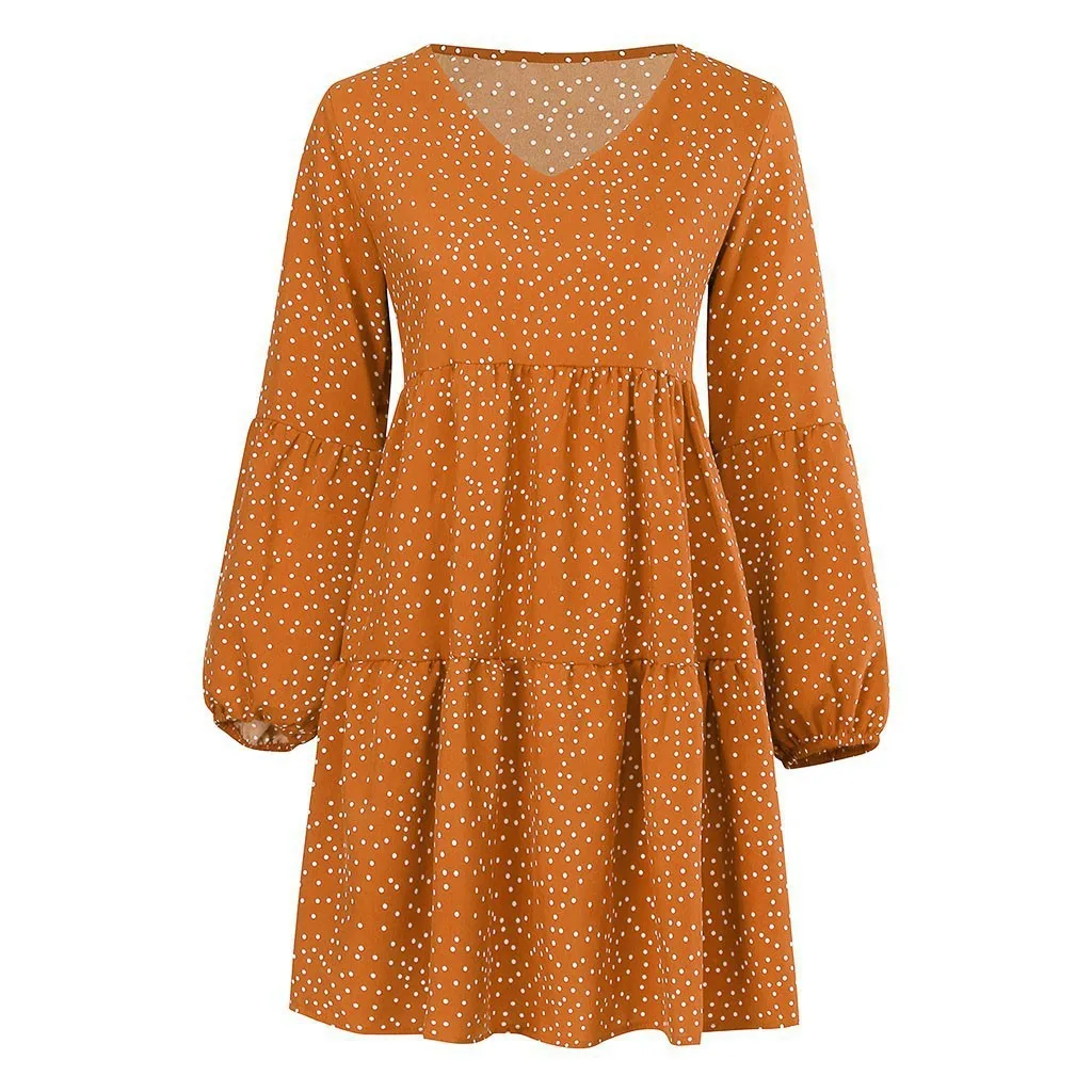 Foreign Trade New Women's Fashion V-neck Long Sleeve Wave Point Ruffled Loose Casual Temperament Dress display picture 15