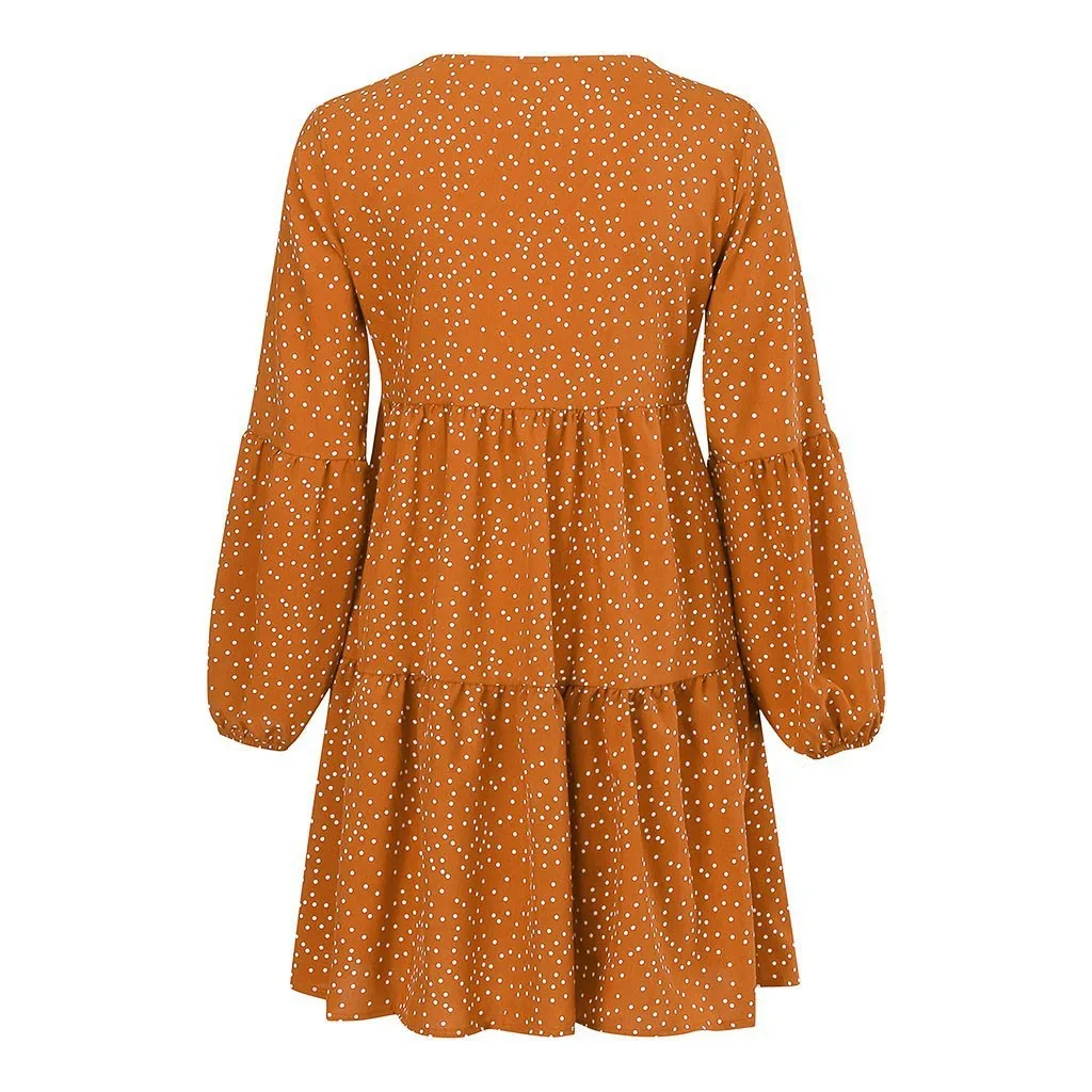 Foreign Trade New Women's Fashion V-neck Long Sleeve Wave Point Ruffled Loose Casual Temperament Dress display picture 16