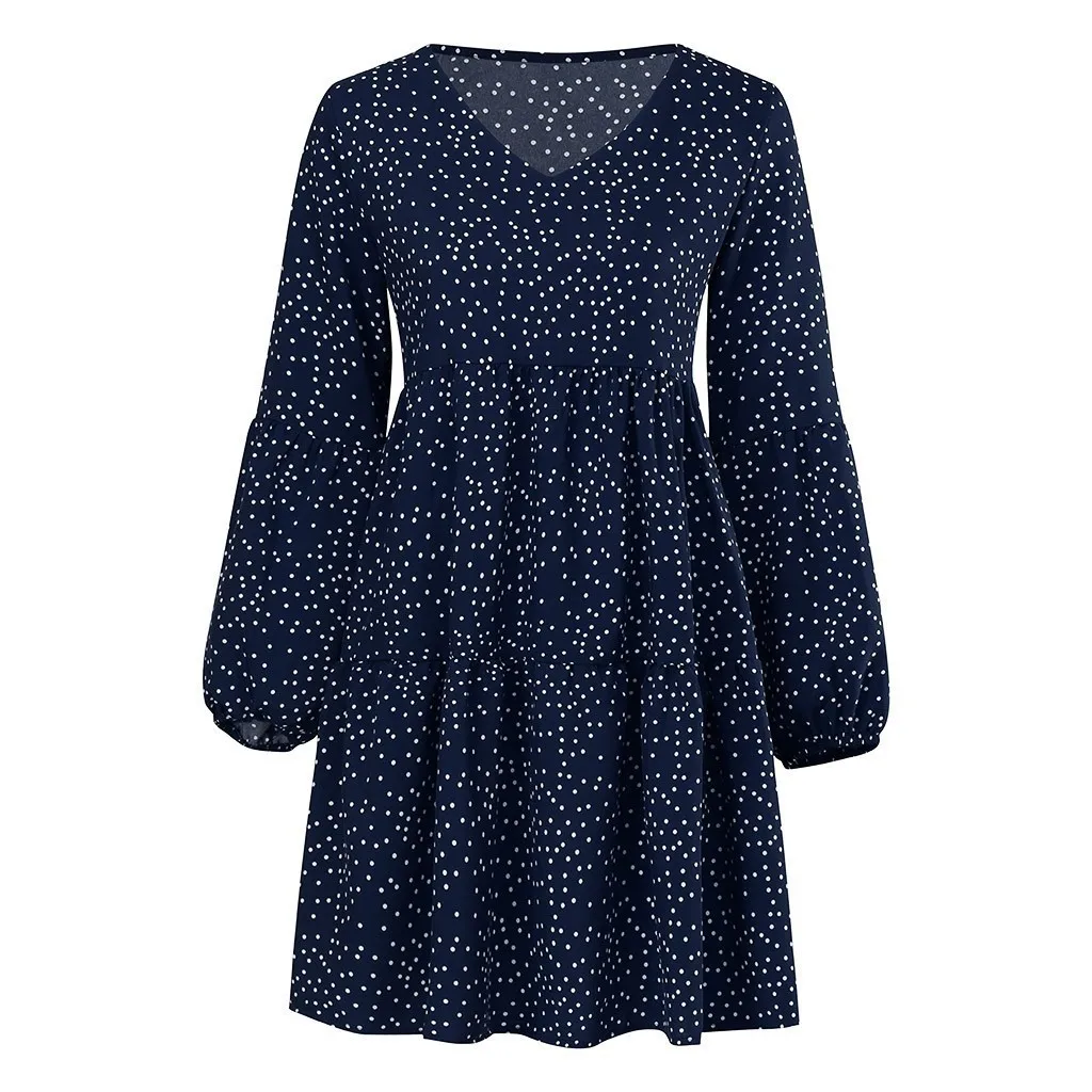 Foreign Trade New Women's Fashion V-neck Long Sleeve Wave Point Ruffled Loose Casual Temperament Dress display picture 19