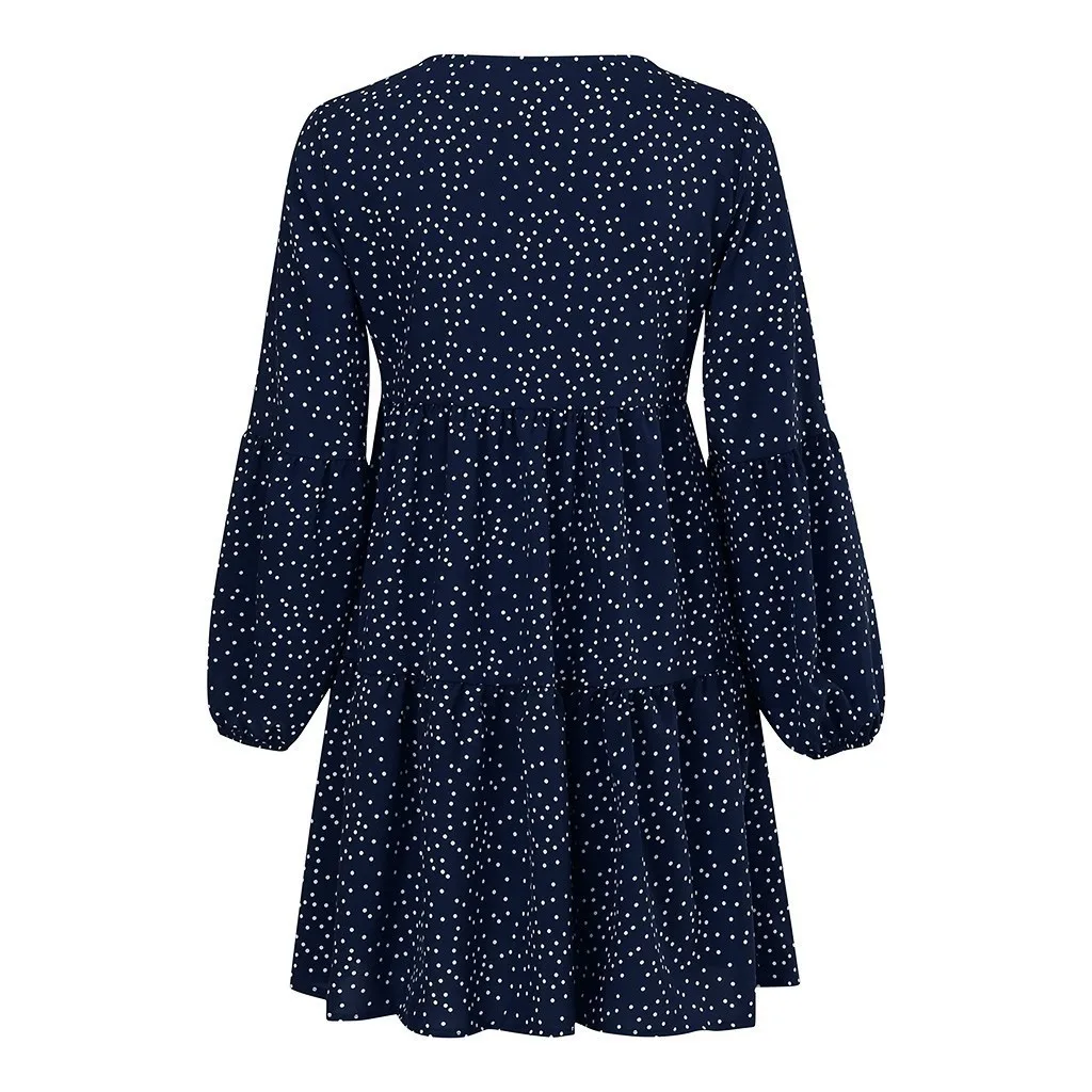 Foreign Trade New Women's Fashion V-neck Long Sleeve Wave Point Ruffled Loose Casual Temperament Dress display picture 20