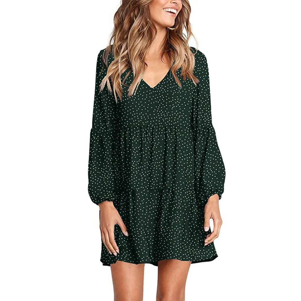 Foreign Trade New Women's Fashion V-neck Long Sleeve Wave Point Ruffled Loose Casual Temperament Dress display picture 23