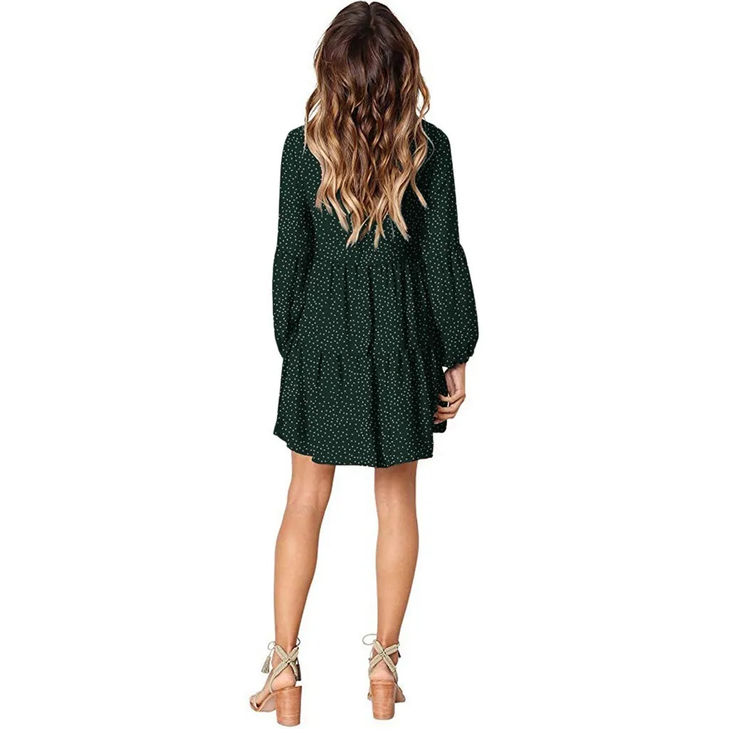 Foreign Trade New Women's Fashion V-neck Long Sleeve Wave Point Ruffled Loose Casual Temperament Dress display picture 24