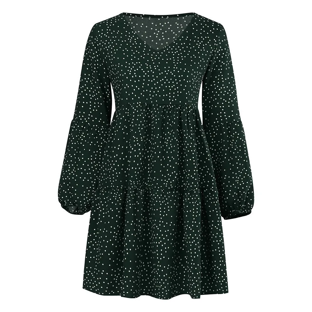 Foreign Trade New Women's Fashion V-neck Long Sleeve Wave Point Ruffled Loose Casual Temperament Dress display picture 25