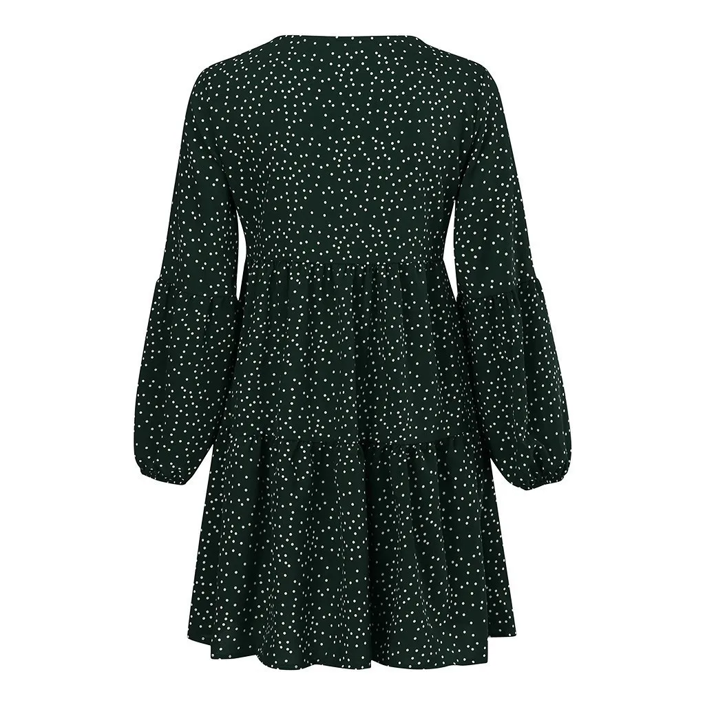 Foreign Trade New Women's Fashion V-neck Long Sleeve Wave Point Ruffled Loose Casual Temperament Dress display picture 26