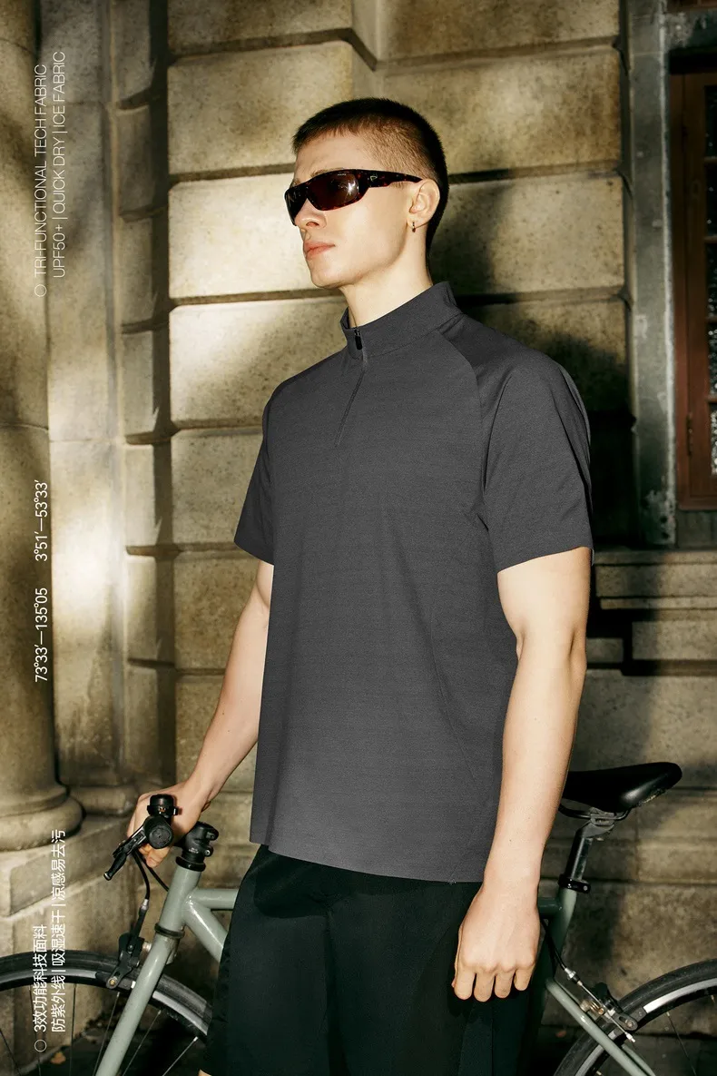 Jie Zhan Men's Wear | Ultrasonic Pressure Glue Riding Zipper T-shirt  Spring/Summer New UPF50 Sports Sunscreen Short Sleeve display picture 4