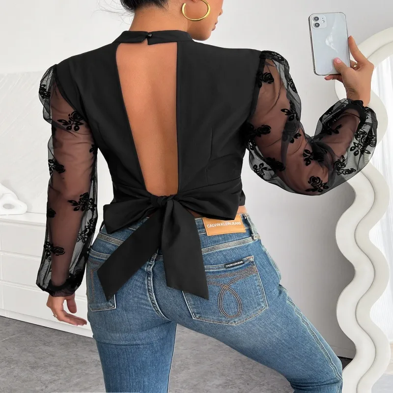 Women's Back Hollow Shirt Long Sleeve Blouses Streetwear Solid Color display picture 1
