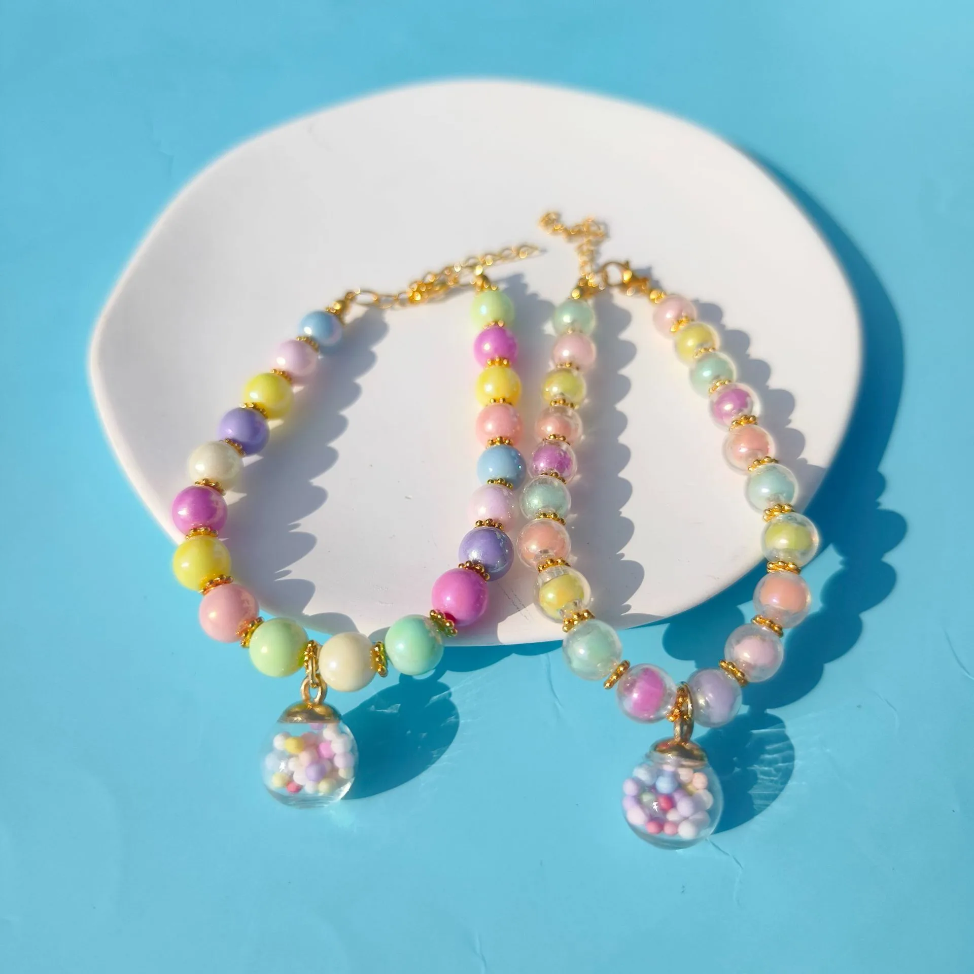 Color Pet Pearl Collar Golden Beads Handmade Dog Cat Collar Glass Ball Pendant 2 Styles display picture 8