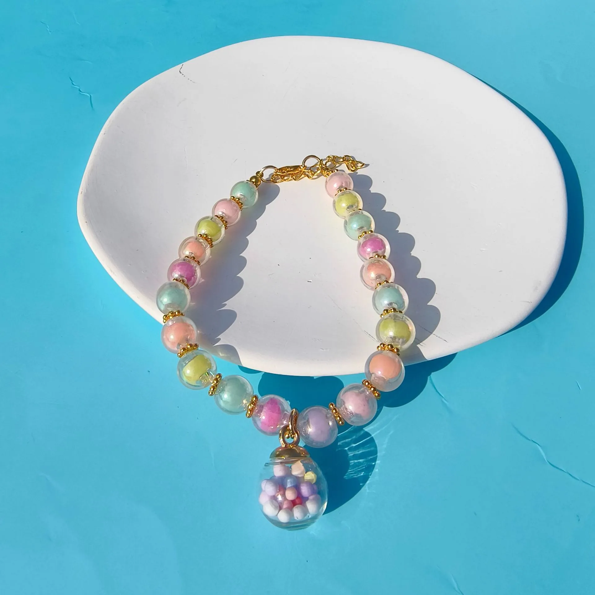 Color Pet Pearl Collar Golden Beads Handmade Dog Cat Collar Glass Ball Pendant 2 Styles display picture 6