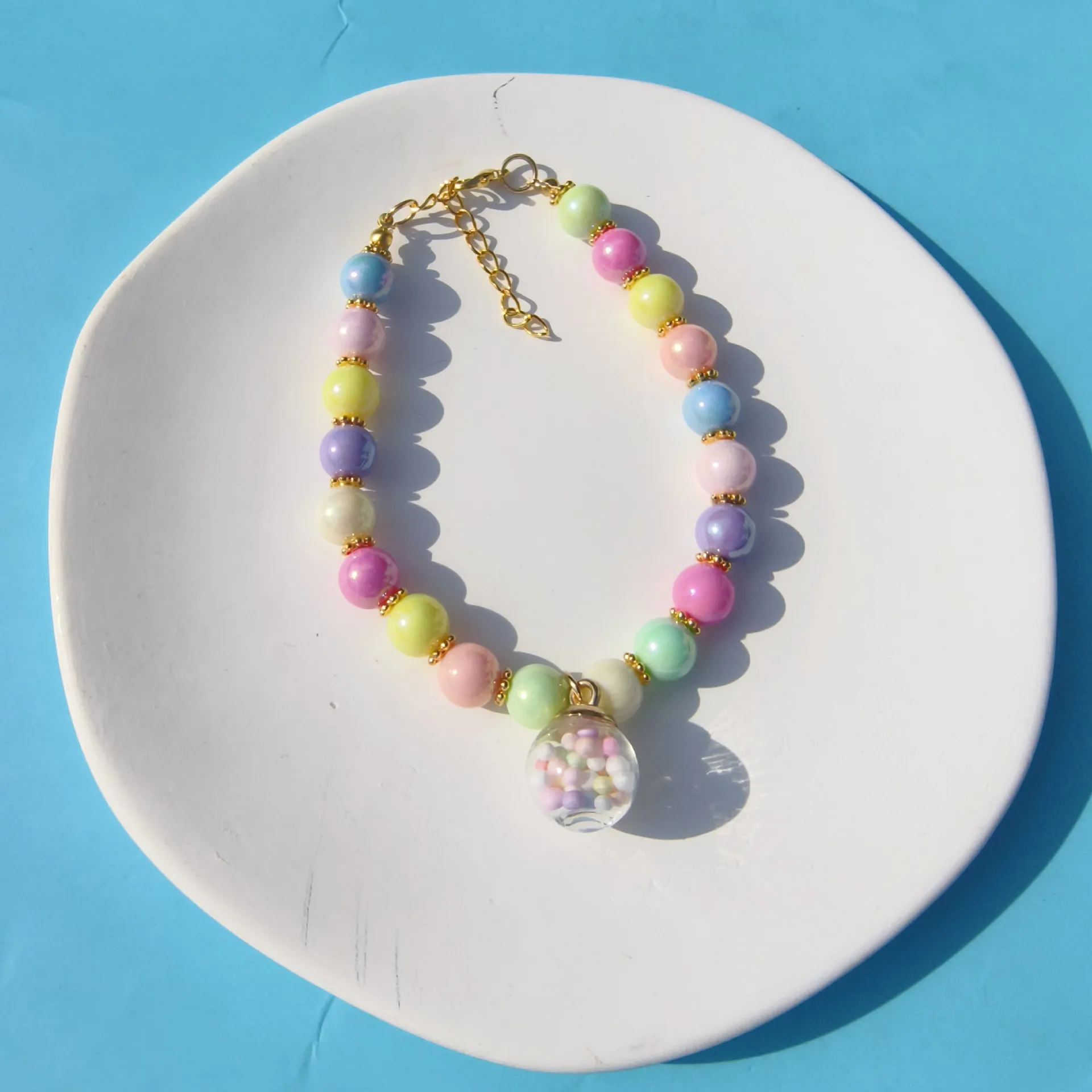 Color Pet Pearl Collar Golden Beads Handmade Dog Cat Collar Glass Ball Pendant 2 Styles display picture 3