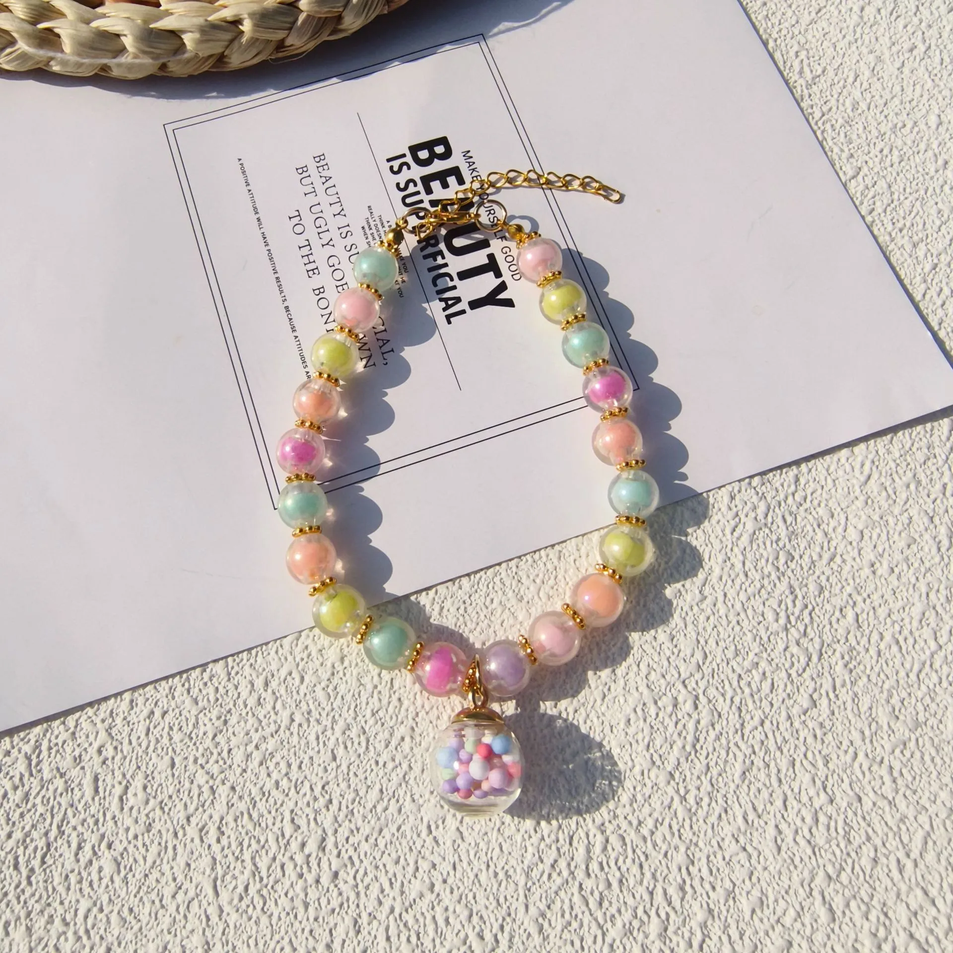 Color Pet Pearl Collar Golden Beads Handmade Dog Cat Collar Glass Ball Pendant 2 Styles display picture 11