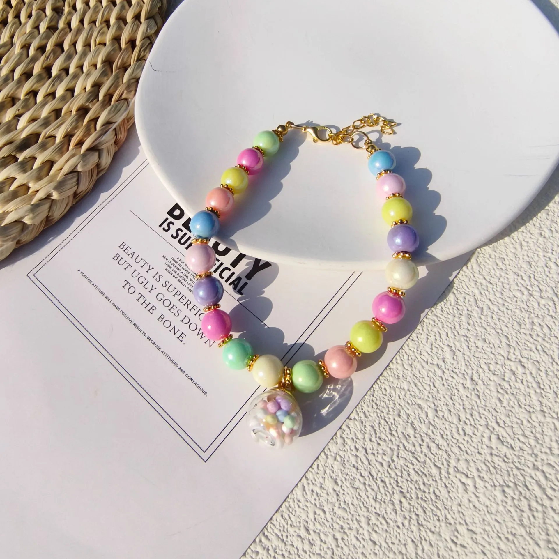 Color Pet Pearl Collar Golden Beads Handmade Dog Cat Collar Glass Ball Pendant 2 Styles display picture 13