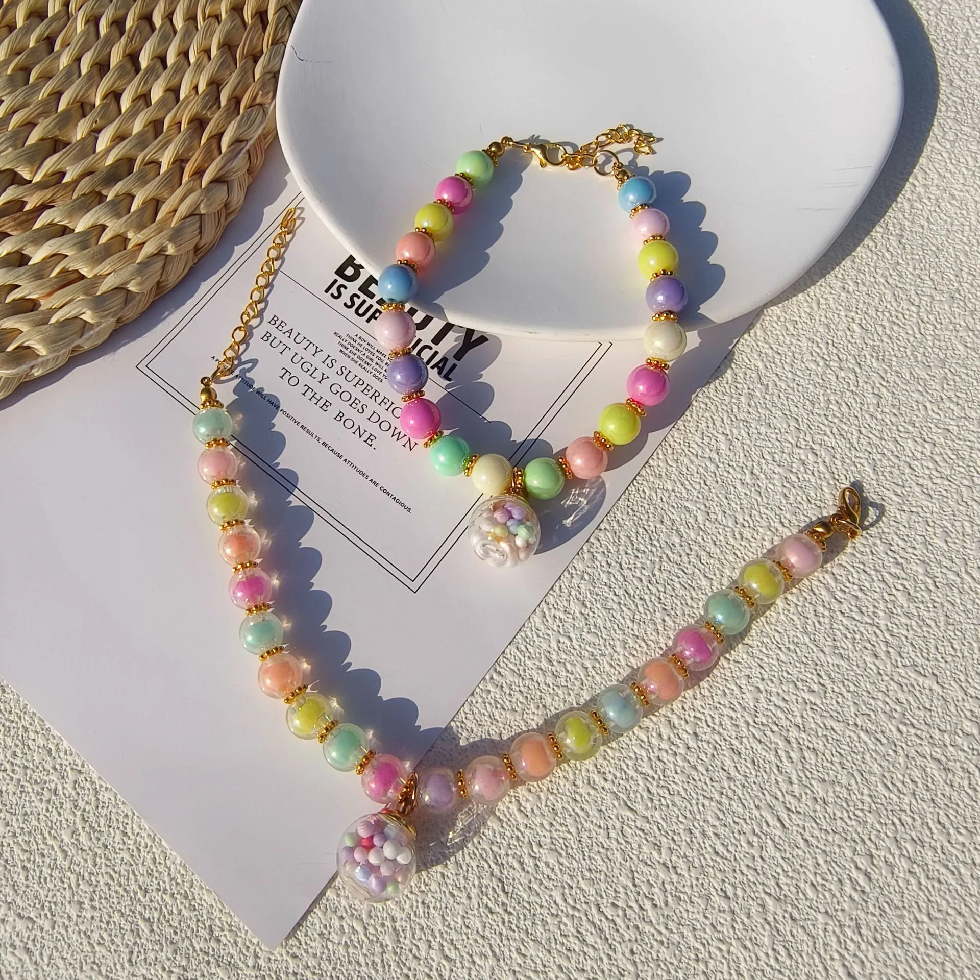 Color Pet Pearl Collar Golden Beads Handmade Dog Cat Collar Glass Ball Pendant 2 Styles display picture 15