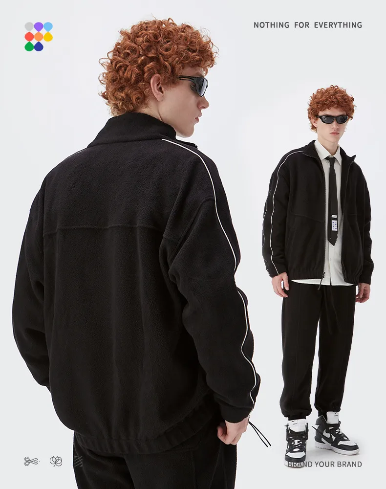INF Men's Wear | 330g Weight Fleece Reflective Edge Tide Brand Street Loose Solid Color Jacket Jacket display picture 9