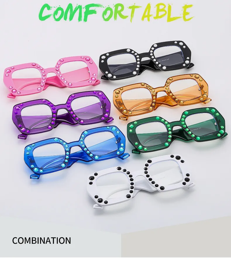 New Diamond-embedded Plain Glasses  Large Frame Color Fashion Personalized Women's Anti-blue Light Glasses 4353p display picture 3