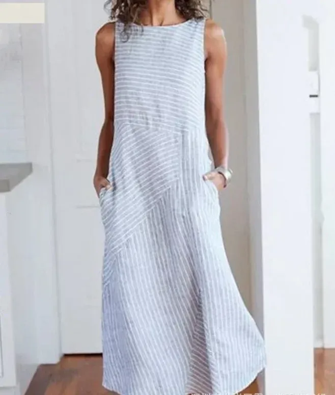 Foreign Trade Wish Striped Round Neck Sleeveless Large Size Slim-fit Dress display picture 12
