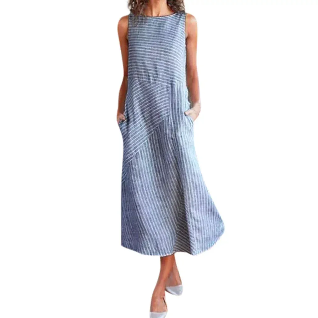 Foreign Trade Wish Striped Round Neck Sleeveless Large Size Slim-fit Dress display picture 3