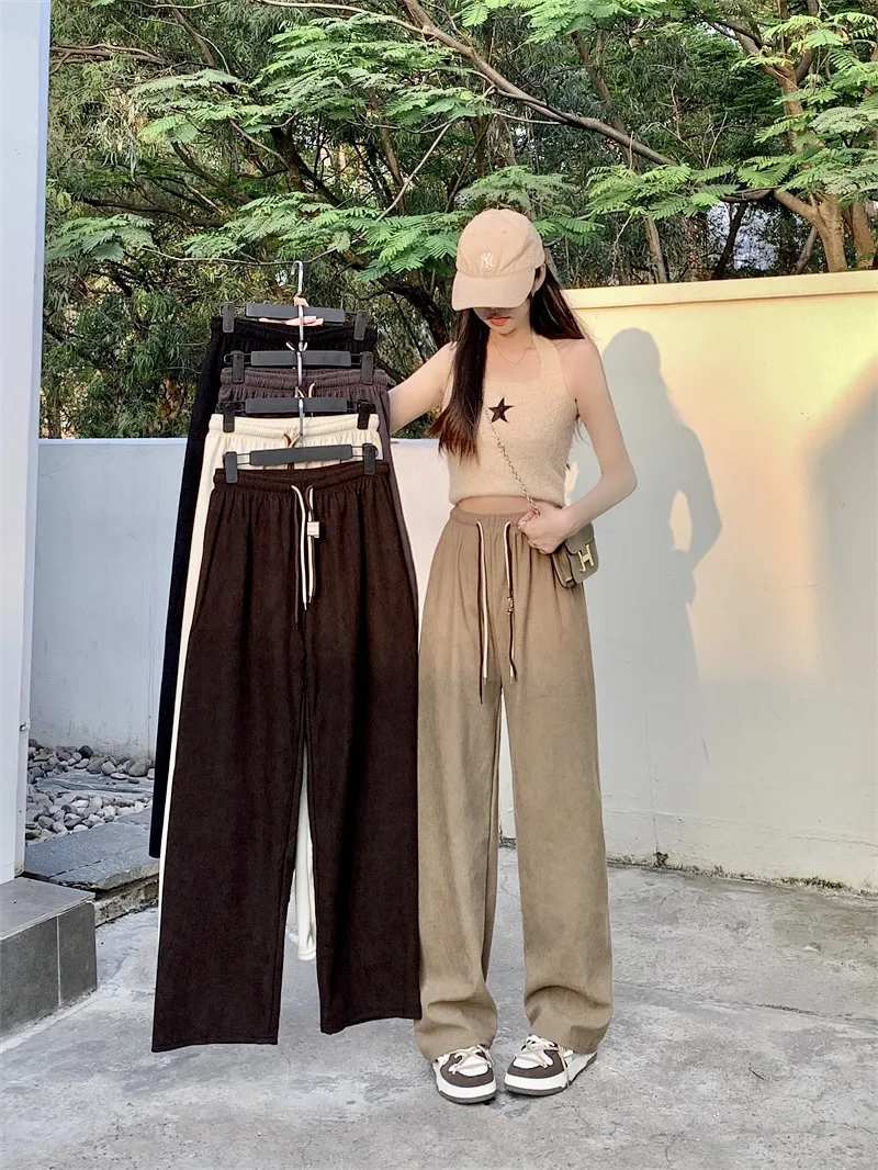 New Girls Casual Pants Corduroy Double Drawstring Smiley Wide Leg Pants Explosive Women's Straight Loose High Waist Pants display picture 1